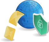 Secure email: Envelopes being sent globally with a security shield and padlock.