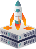 Rocket launching from server stacks. High-performance hosting.
