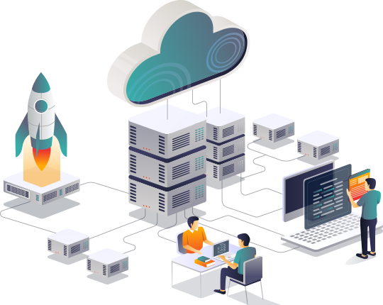 Cloud computing illustration with servers, rocket launch, and people working on computers.