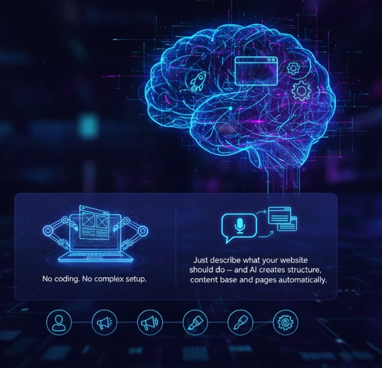 AI website builder: Brain with website elements, automated setup, no coding. "Describe your website.