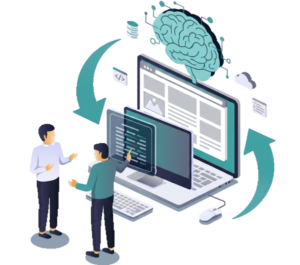 AI website builder concept: people coding with brain, data, and cloud icons around a laptop.