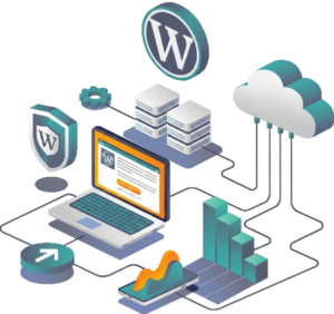WordPress website development illustration with cloud, server, and security features.